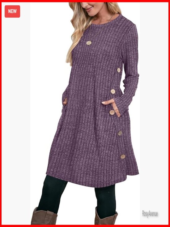 Dresses & Skirts - Long Sleeve Tunic Dress with Pockets, A-Line Silhouette, Button Details